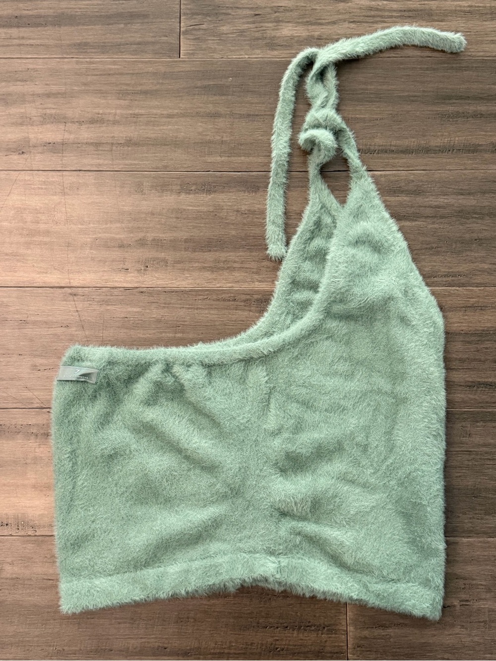 Fuzzy Mint Green One-Shoulder Crop Top